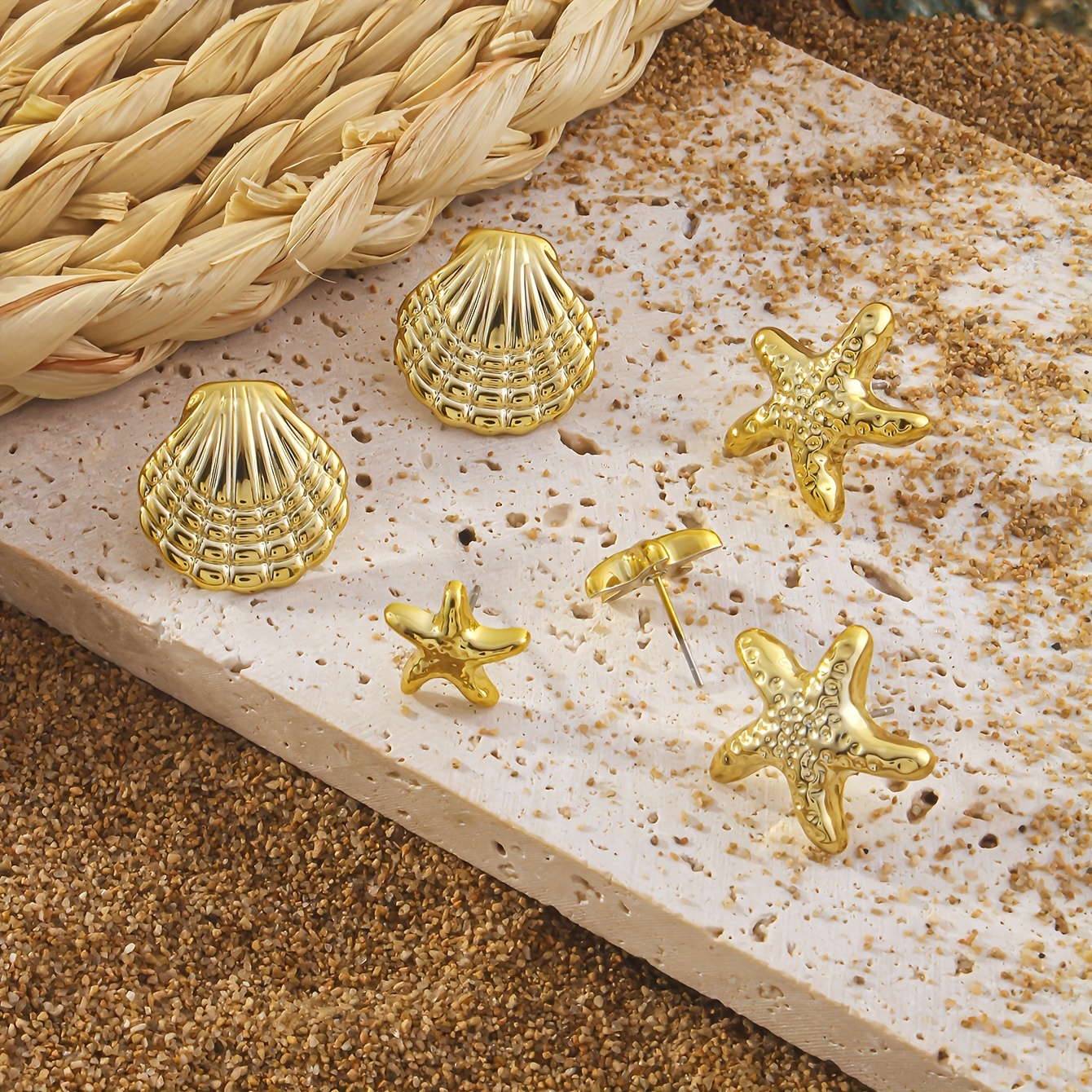 6pcs Starfish & Shell Stud Earrings Set Summer Vacation Style Beach Jewelry